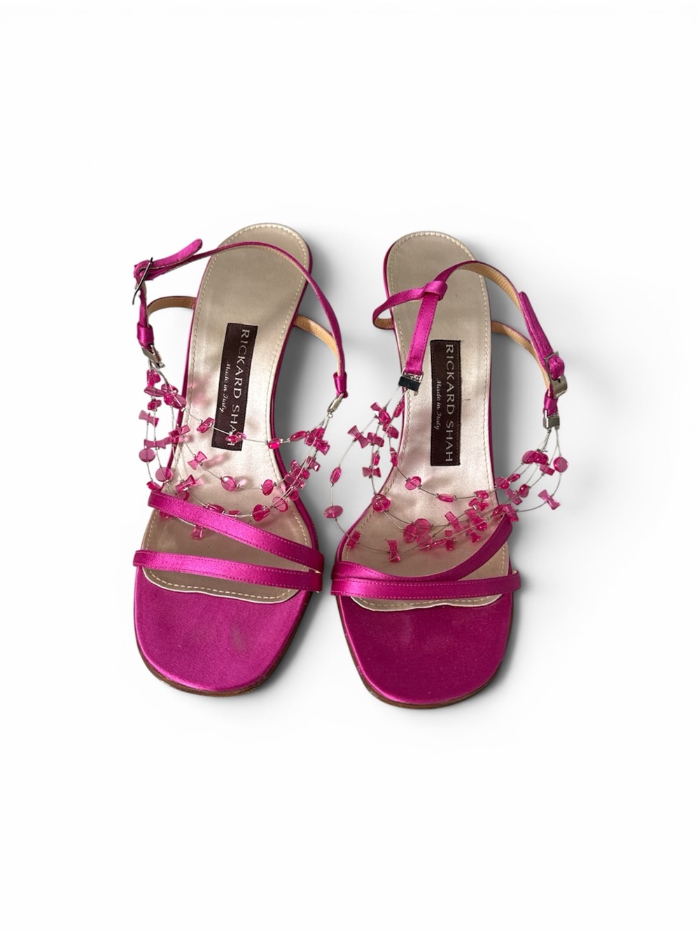 Rickard Shah Italian Hot Pink Strappy Satin Crystal Stiletto Sandals EU39/US8